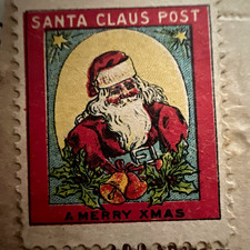 RARE 1909 Santa stamp with cancelled US 1 cent postal stamp on holiday postcard picture
