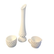 Vintage Fenton White Milk Glass Hobnail Bud Vase Creamer Sugar Bowl Set 3pc picture