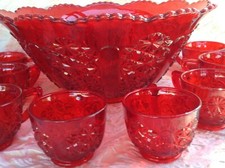 LG WRIGHT VINTAGE RED PUNCH BOWL & CUPS, EAPG DAISY & BUTTON PATTERN, 9pcs picture