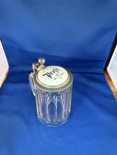 Antique German Glass Beer Stein Pewter Lid “Prosit” Porcelain Insert picture