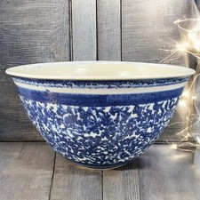 Vintage Hand Made Stoneware Pottery Dish Bowl Hand Glazed Blue Sponge ware Bowl picture