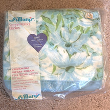 Vtg St Mary's Screen Printed Acrylic Blanket Twin or Full Blue Floral USA NEW picture