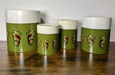 Vtg Canister Set 70's Four Avocado Green Metal Tins With Butterflies picture
