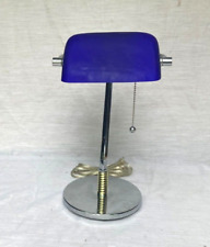 Vintage Bankers Desk Library Silver Tone Metal Purple Glass Shade Lamp - Rare picture