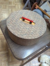 Vintage Antique Wooden Large Round Poker Chip Caddy with Red Bakelite Handle. picture
