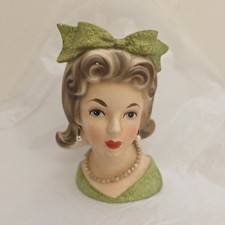 VTG RELPO Lady Head Vase K1696 Green Bow Pearls Earrings Japan 5.5