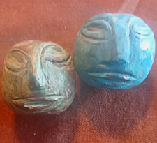 Lot of 2 Very Vintage Carved Face Figures Art Theme Blue & Brown. Preowned. picture