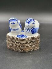 Vnt Chinese Silver Coated Metal Jewelry Box Blue And White Porcelain Birds On... picture
