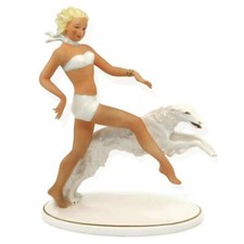 Vintage Schaubach Kunst Wallendorf Germany Woman w/ Borzoi Dog Figurine 10