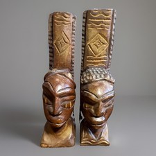 Vintage Hand Carved Wooden African Tribal Bust Bookends Pair Sculptural Art Boho picture