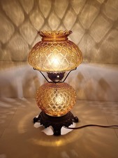 Vintage Amber Hobnail Diamond Quilt Glass Hurricane Ornate Table Lamp GWTW picture