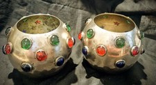Vintage Pair Of Silverplated Round Candleholders With Multicolor Glass Inseets picture