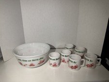 Vintage Hazel Atlas Christmas Cheer Tom and Jerry Punch Bowl Set with 6 Cups picture