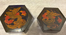Vintage Japanese Black Lacquer Phoenix Bird Vanity Nesting Hexagon Set Jewelry picture