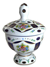 Vtg Bohemia Glass Covered Dish Cobalt Blue & White Floral 8