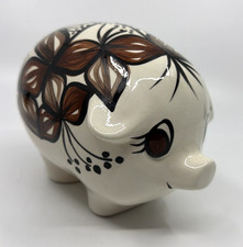 Vintage Small Ceramic Piggy Bank White Brown Floral Design Cute Coin Bank picture
