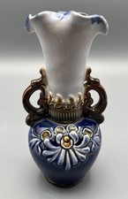Doulton Lambeth Stoneware Vase Art Nouveau Blue Floral Relief Double Handles picture