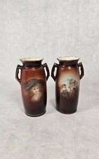 Antique CZECH Hand Painted Porcelain Portrait Vase Two Handle 5.5
