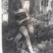 c1950s Strapless Swimsuit Barefoot Woman Cabin Snapshot Legs Fern Woods Vintage picture