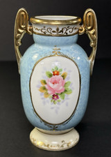Vintage Noritaki Hand Painted Moriage Porcelain Floral Vase Gold Trim 5.25 Tall picture