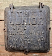 The Junior Hayes Pump Planter Cast Iron Lid for Corn Box Galva Illinois Vintage picture