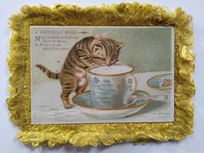 Victorian Birthday Kitten Trade Card Cute Cat Top Hat Teacup Silk Fringe Antique picture