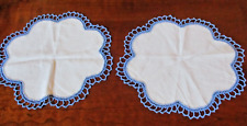 Pair of vintage white linen w/ royal blue crocheted edging 14
