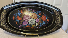 VTG Toleware Metal Tray Hand Painted Flowers with Black Gold Trim picture