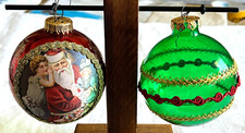 Vintage Duo Santa on Silk Glass/Green Glass Fabric Trim Ornaments, West Germany picture
