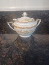 Antique Noritake M Wreath Hand Painted Covered Sugar Bowl Pre-WWII Mint GoldTrim picture