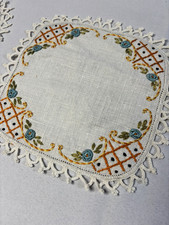2 VTG  Cotton Doily Doilies Set Orange Floral Embroidery Cottagecore Shabby picture