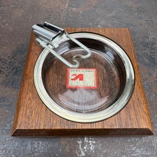 Vtg J.A Company Glass Ashtray w/ Wood Base & Unusual Metal Clip picture