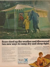 Sears Camping Tent Outdoor Gear Family Rain Scene Vintage Print Ad 1970 picture