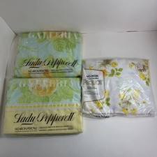 VTG Lady Pepperell Twin Flat Sheet Yellow Green Floral No-Iron Fitted USA Lot picture