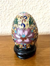 Vintage Enameled Brass Cloisonne Gold Carved Style Egg On Wood Stand 3” picture