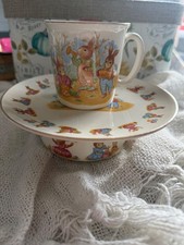 Vintage Royal Doulton Bunnykins 3 Pc Childrens Set Bowl Plate Mug Gold Rim Mint picture