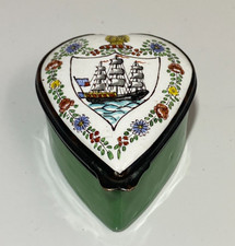 Antique c1785 18thC Georgian Bilston Enamel Naval Warship Patch Box Heart Shape picture