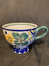 Anthropologie Jennifer Orkin Lewis Pedestal Mug - Floral Flowers Green Handle picture
