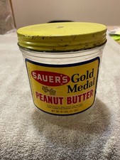 Vintage Sauer's Yellow Medal Peanut Butter Glass Jar Paper Label 40 Ounces picture