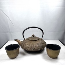 RARE Joyce Chen for Teavana Teapot Set / Strainer Warmer Cups Saucer / Cast Iron picture