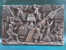 African Style Hand Carved Wood Village Life Relief Wall Plaque 20” Folk Art picture