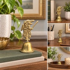 Small Vintage Brass Witch Bell Figurine Broom Wand Halloween Desk Decor picture