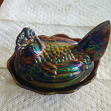 Vintage 1970s Fenton Iridescent Glass Hen on Nest Covered Dish Collectible picture