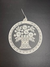 VTG Round White European Swiss Lace Embroidery Floral Folk Art Flowers in Pot 6