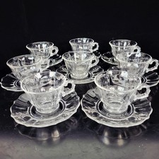 FOSTORIA~BAROQUE~SET OF 8~VINTAGE CLEAR GLASS TEA COFFEE CUPS AND SAUCERS picture