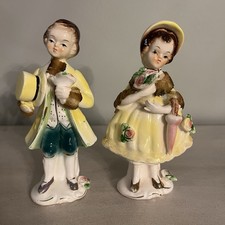 Vintage Arnat Pair Yellow Dress Girl & Yellow Top Hat Boy Figurines Japan picture