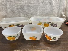 Vintage 1960s Fire-King milk glass set 6 Piece Including Fridge Lid Fruit Peach picture