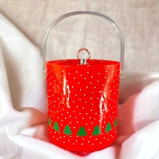 1980s Libbey Winterland Retro Bright Red Holiday Ice Bucket Vintage W Lid Decor picture