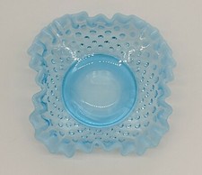 Vintage Fenton Blue Opalescent 6'' Square Bon Bon Hobnail Glass Dish Small picture