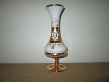 Vtg White Opalescent & Gold Handpainted Floral Bristol Glass Pedestal Vase ITALY picture